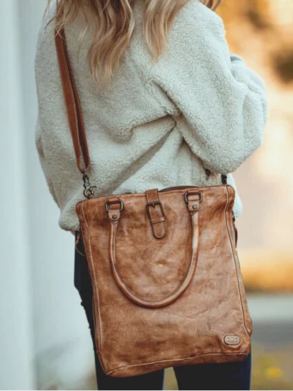 Bed Stu Mildred Distressed Cognac Brown Leather Shoulder Tote or Crossbody. - Picture 2 of 7